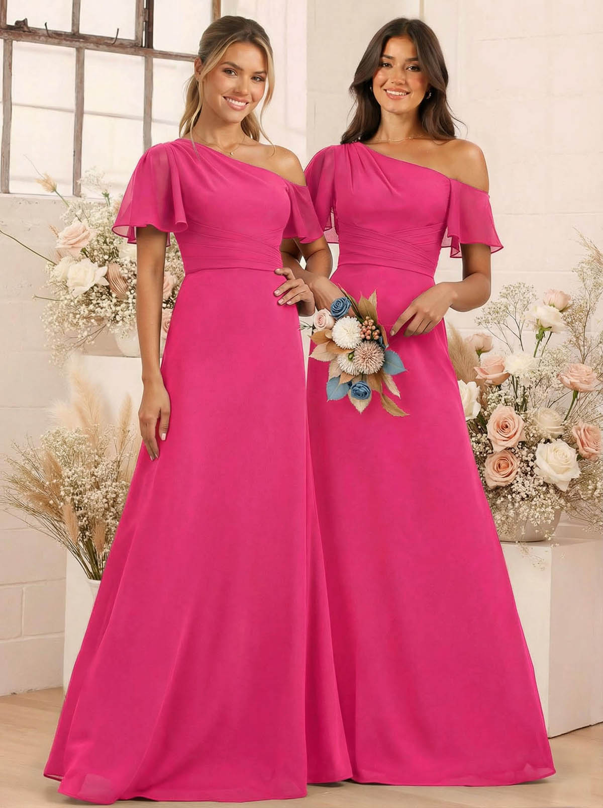 A-Line One-Shoulder Short Sleeves Floor-Length Chiffon Bridesmaid Dresses, product image 47