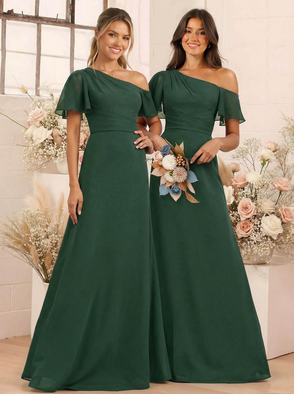 A-Line One-Shoulder Short Sleeves Floor-Length Chiffon Bridesmaid Dresses, product image 51