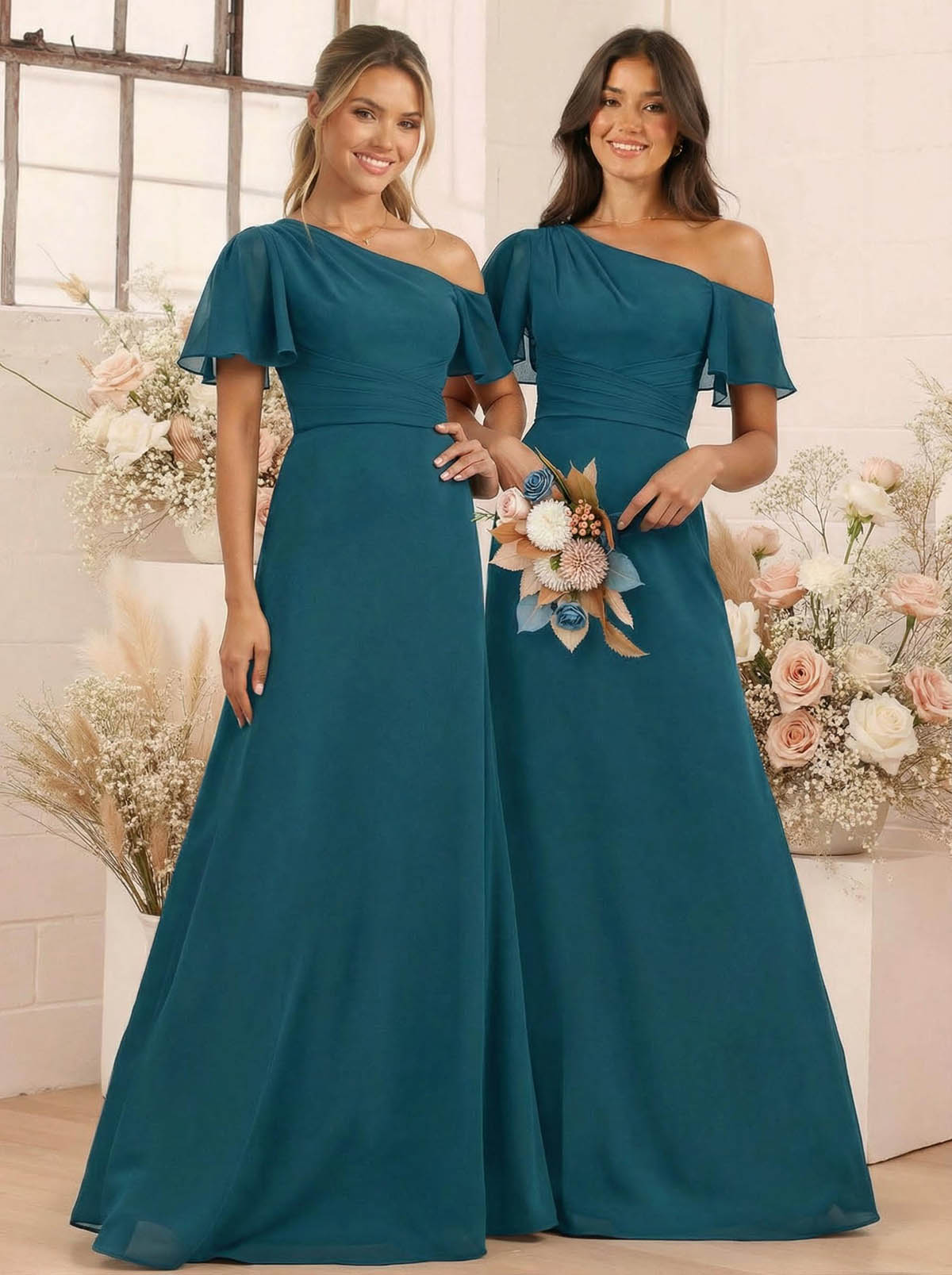 A-Line One-Shoulder Short Sleeves Floor-Length Chiffon Bridesmaid Dresses, product image 9