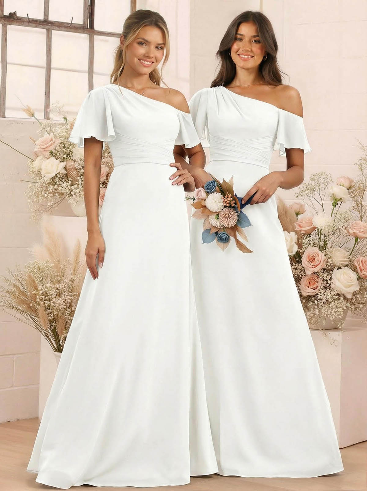 A-Line One-Shoulder Short Sleeves Floor-Length Chiffon Bridesmaid Dresses, product image 70