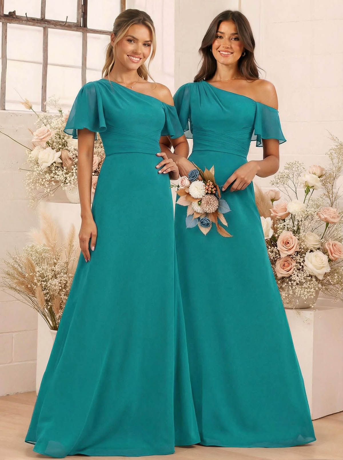 A-Line One-Shoulder Short Sleeves Floor-Length Chiffon Bridesmaid Dresses, product image 53