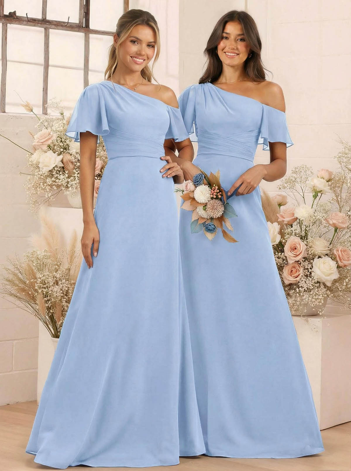 A-Line One-Shoulder Short Sleeves Floor-Length Chiffon Bridesmaid Dresses, product image 42