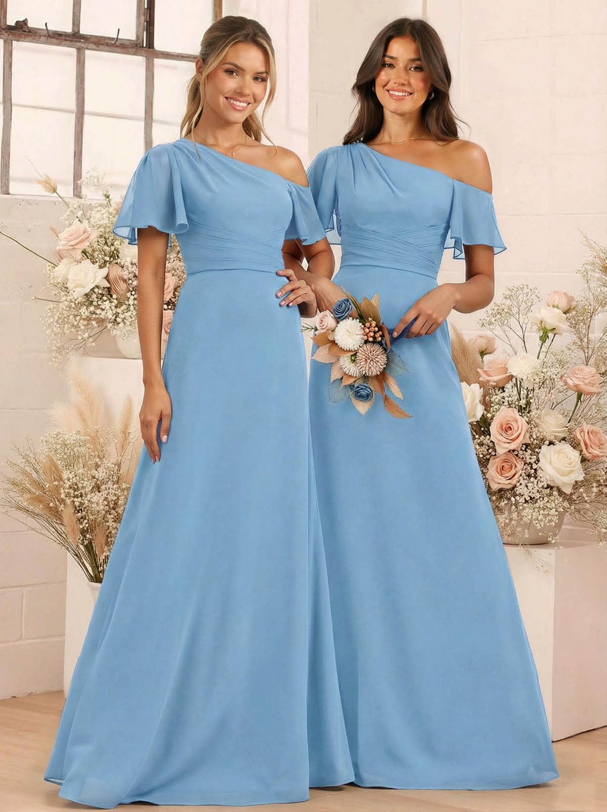 A-Line One-Shoulder Short Sleeves Floor-Length Chiffon Bridesmaid Dresses, product image 16