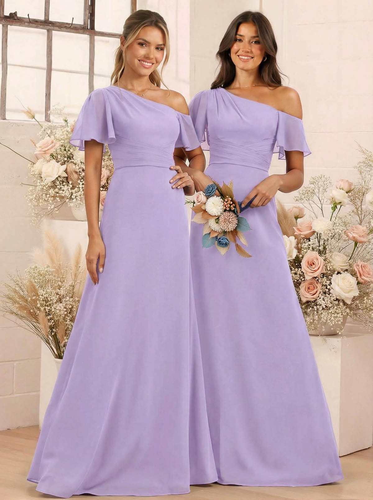 A-Line One-Shoulder Short Sleeves Floor-Length Chiffon Bridesmaid Dresses, product image 41