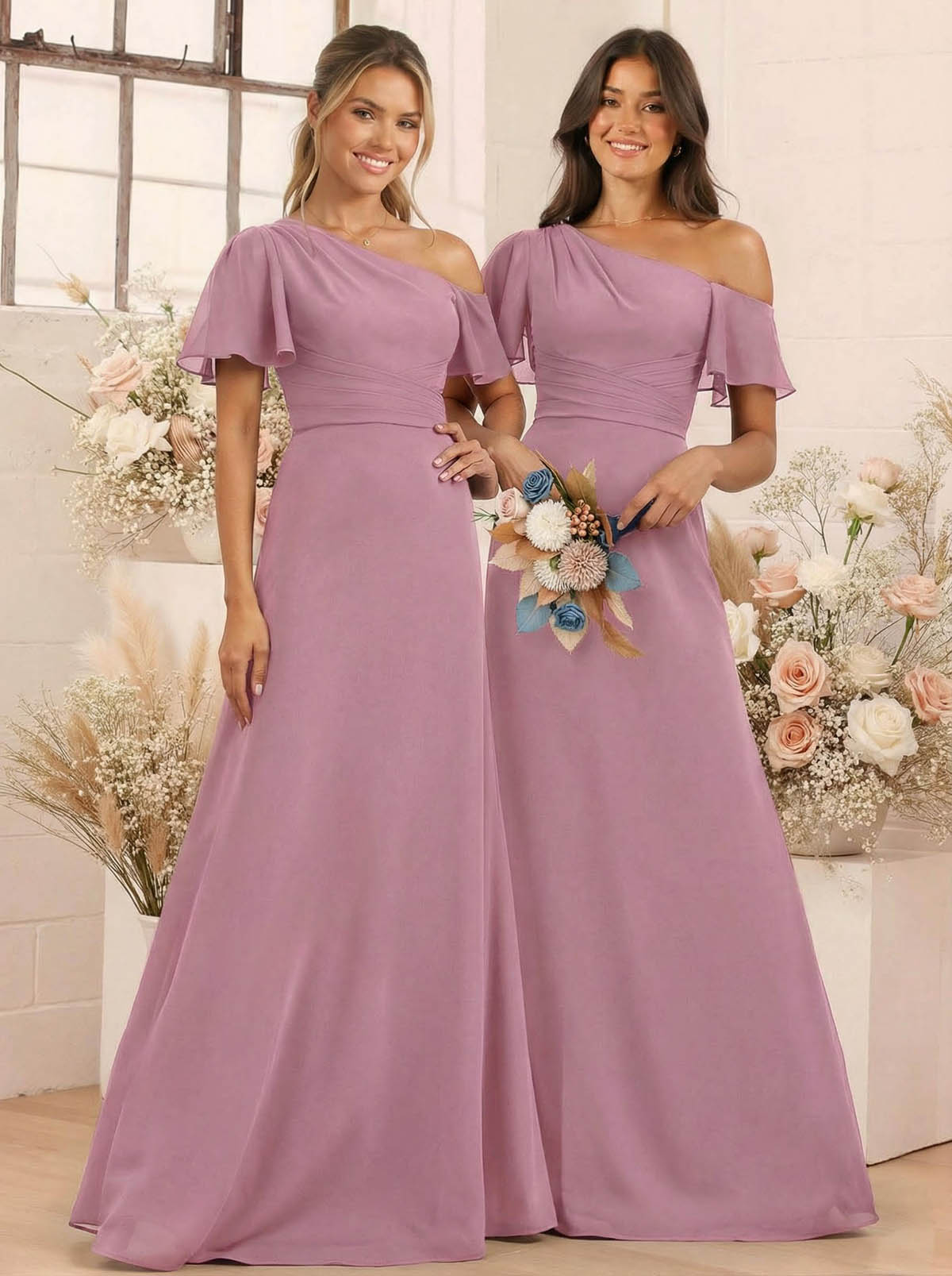 A-Line One-Shoulder Short Sleeves Floor-Length Chiffon Bridesmaid Dresses, product image 39