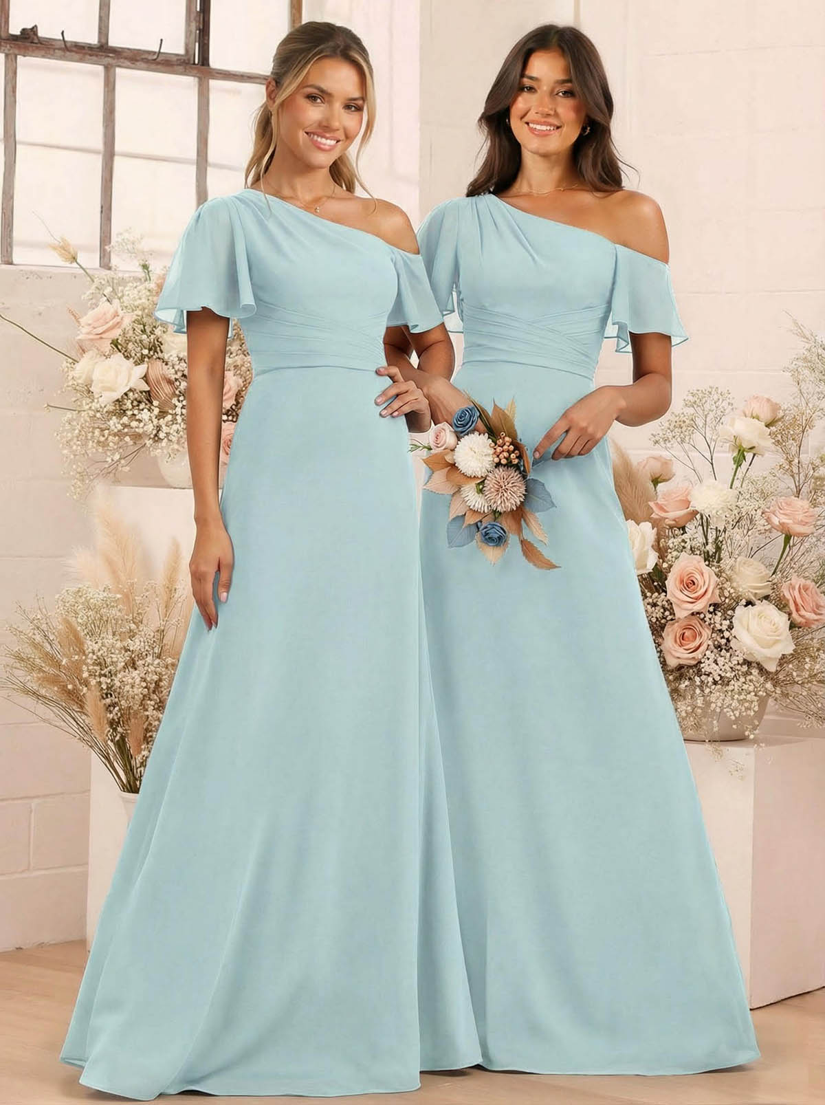 A-Line One-Shoulder Short Sleeves Floor-Length Chiffon Bridesmaid Dresses, product image 18