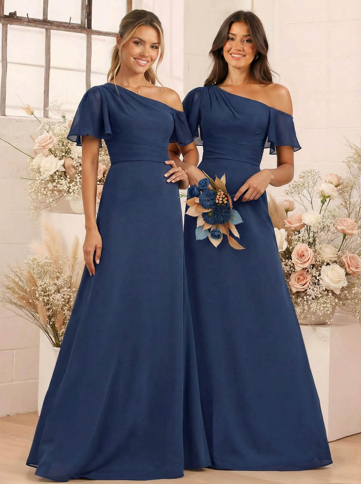 A-Line One-Shoulder Short Sleeves Floor-Length Chiffon Bridesmaid Dresses, product image 5