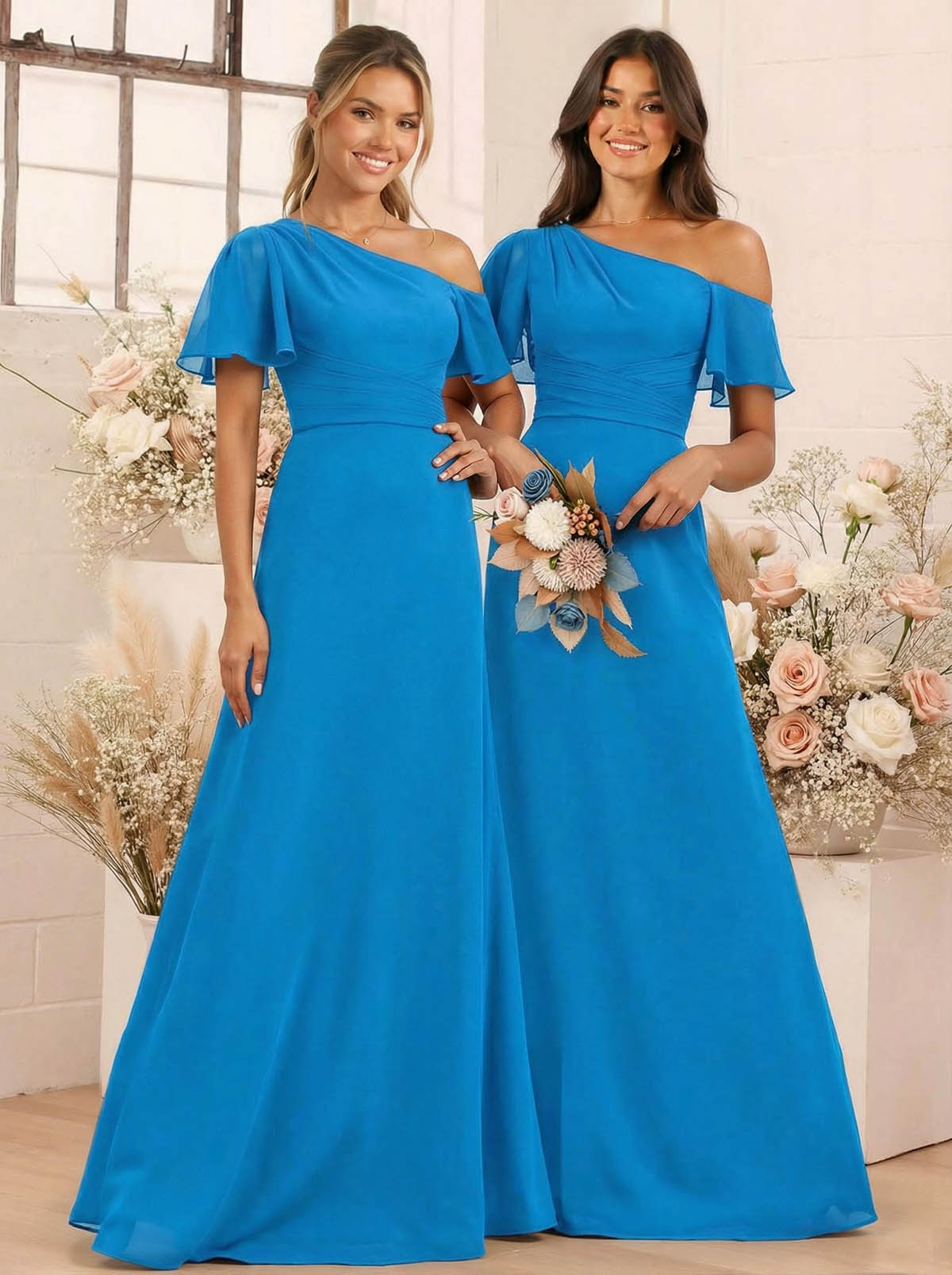 A-Line One-Shoulder Short Sleeves Floor-Length Chiffon Bridesmaid Dresses, product image 13