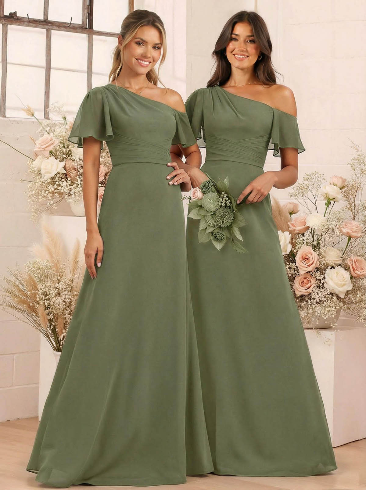 A-Line One-Shoulder Short Sleeves Floor-Length Chiffon Bridesmaid Dresses, product image 78