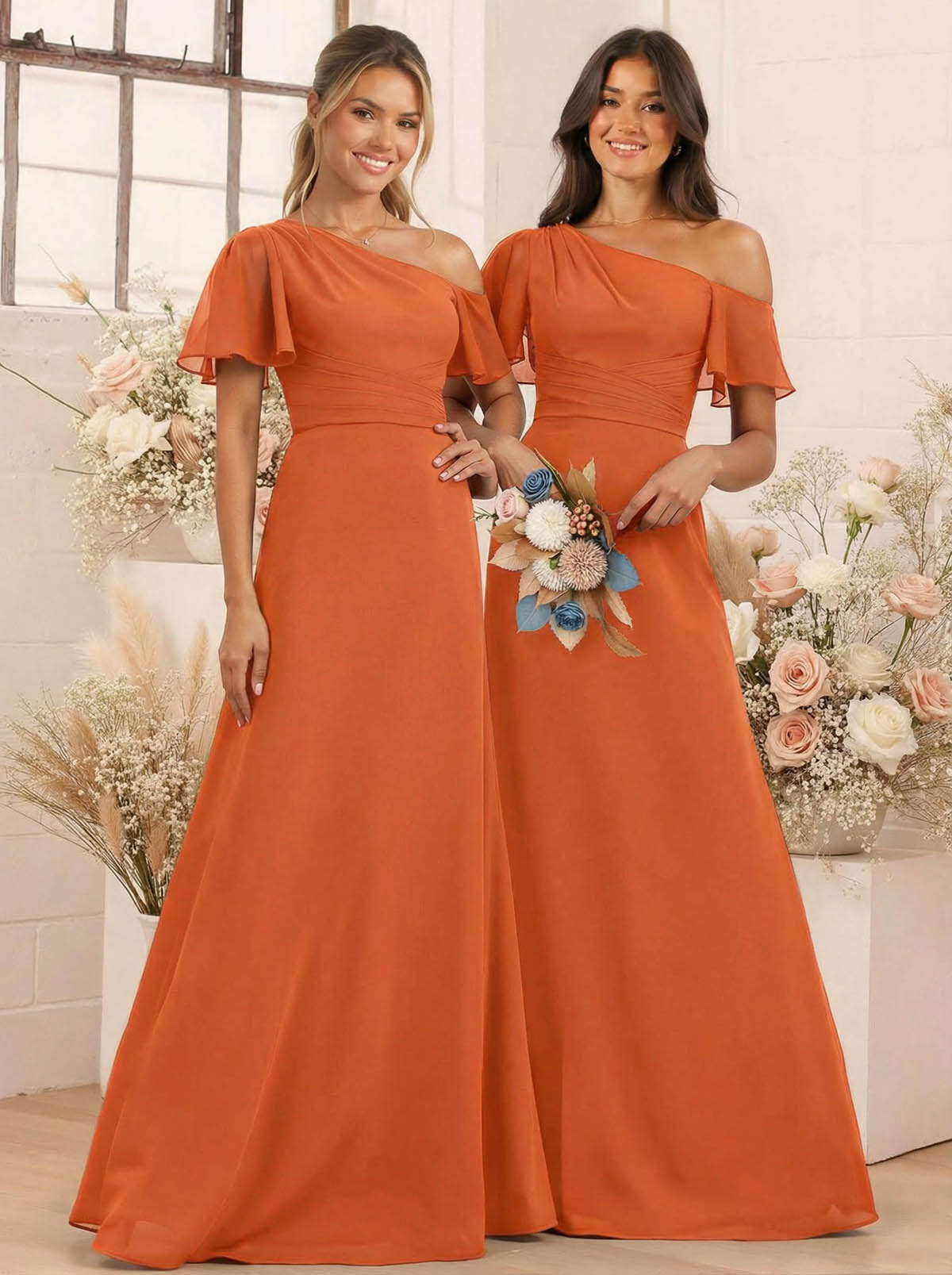 A-Line One-Shoulder Short Sleeves Floor-Length Chiffon Bridesmaid Dresses, product image 64