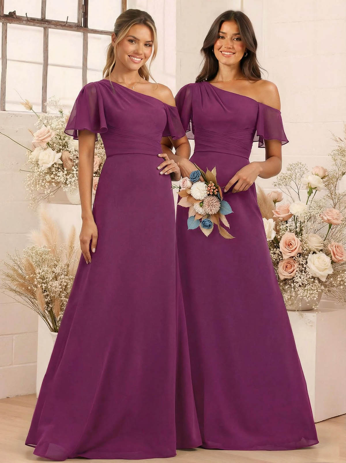 A-Line One-Shoulder Short Sleeves Floor-Length Chiffon Bridesmaid Dresses, product image 46