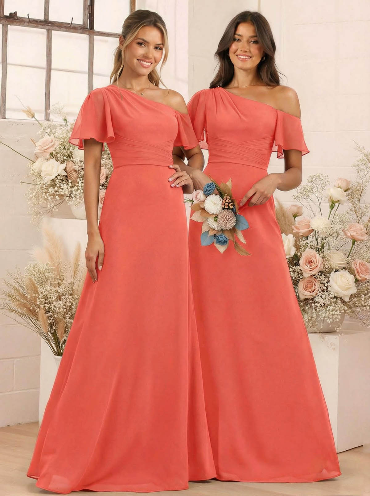 A-Line One-Shoulder Short Sleeves Floor-Length Chiffon Bridesmaid Dresses, product image 66