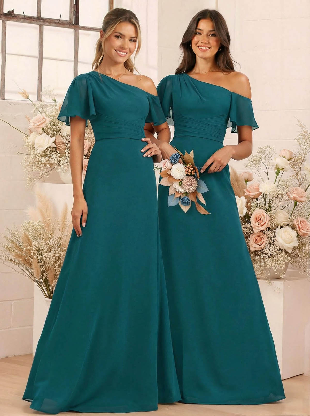 A-Line One-Shoulder Short Sleeves Floor-Length Chiffon Bridesmaid Dresses, product image 52