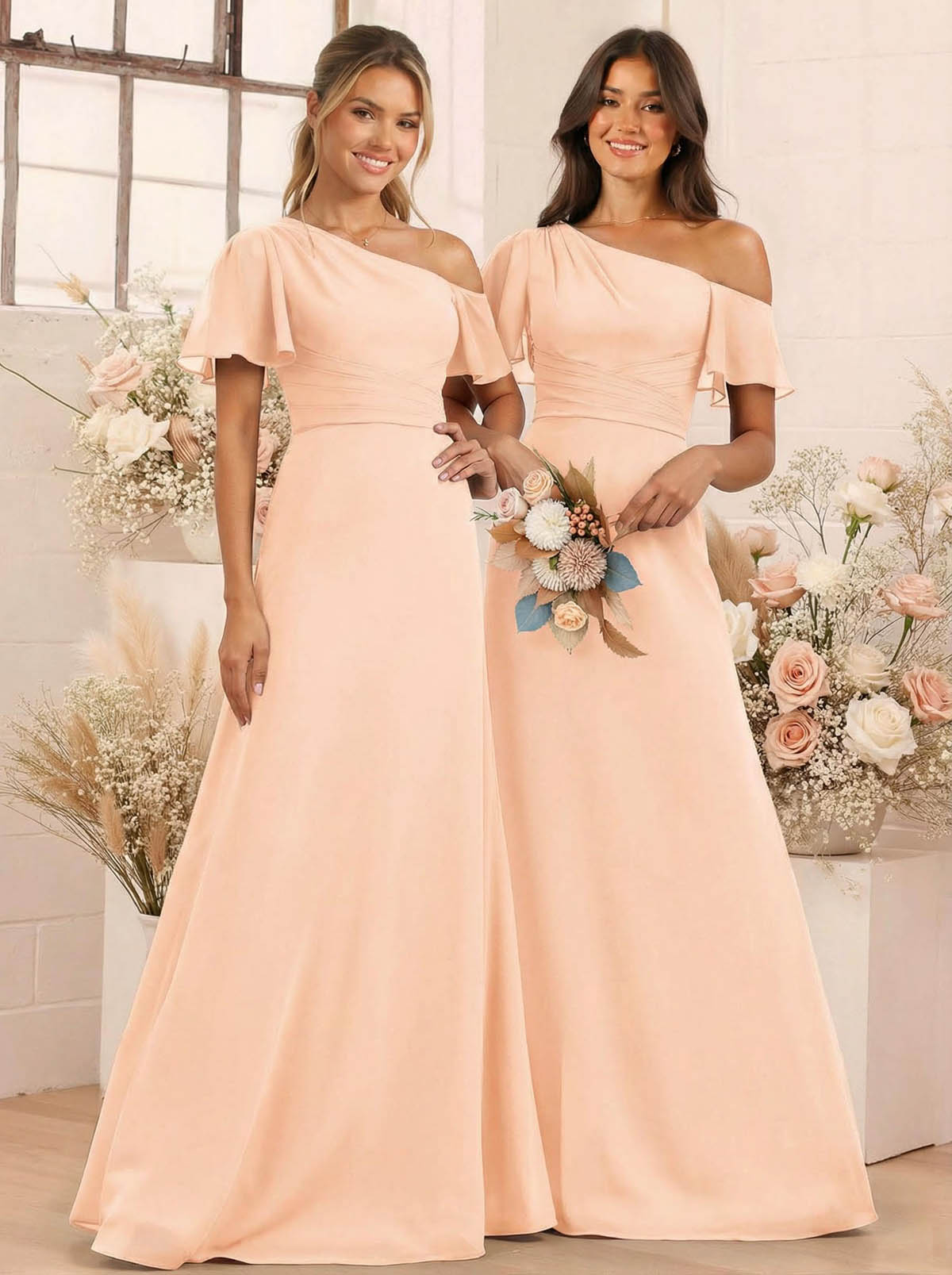A-Line One-Shoulder Short Sleeves Floor-Length Chiffon Bridesmaid Dresses, product image 28