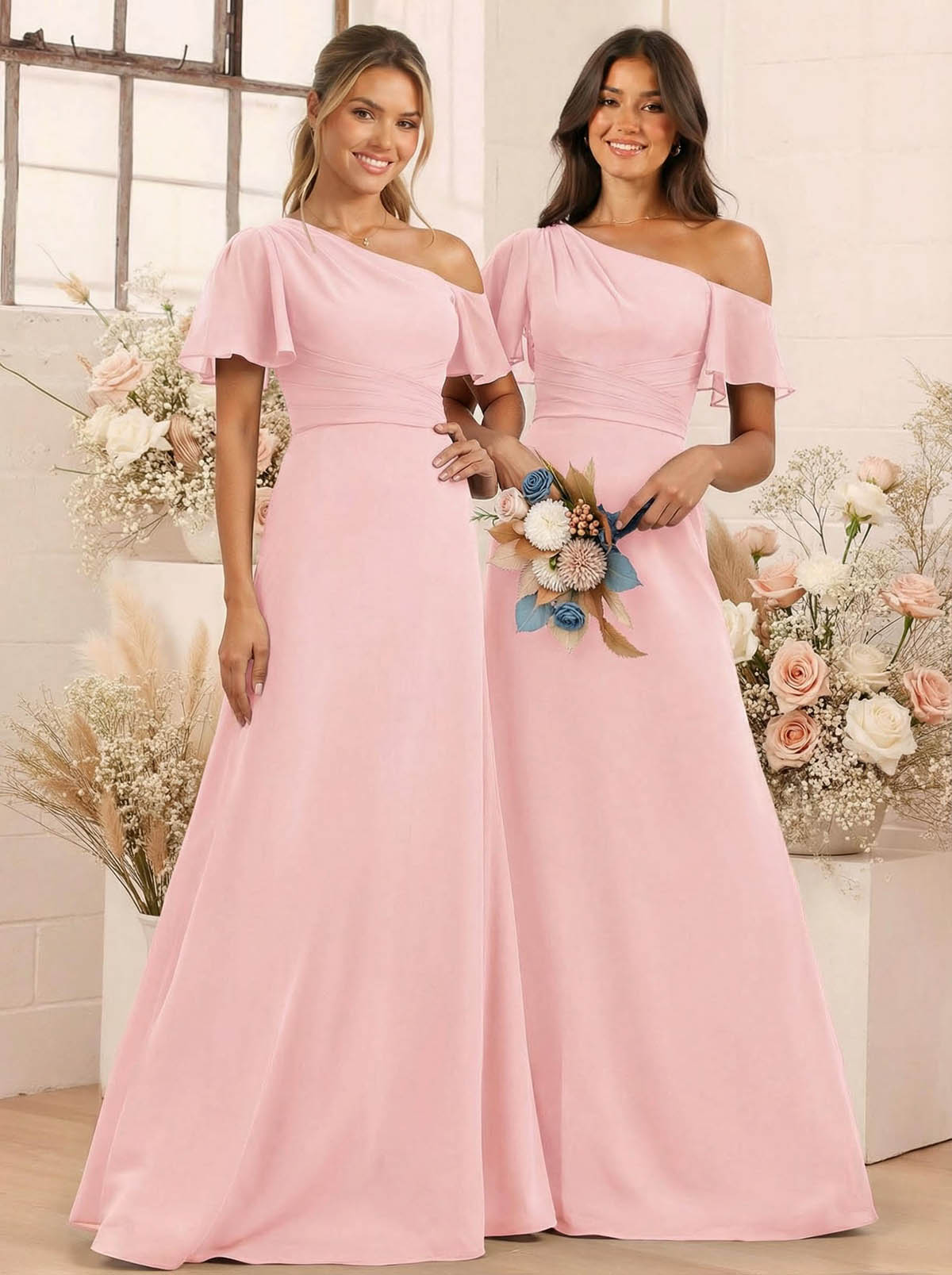 A-Line One-Shoulder Short Sleeves Floor-Length Chiffon Bridesmaid Dresses, product image 31