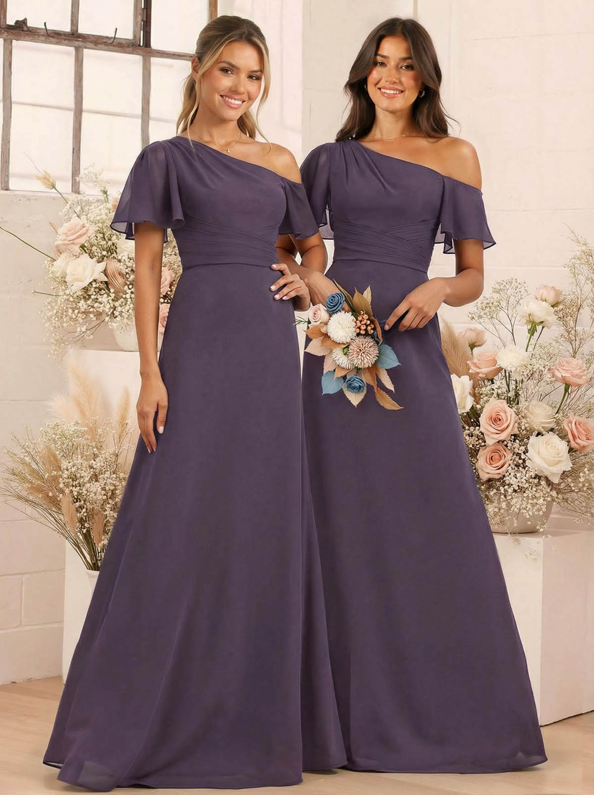 A-Line One-Shoulder Short Sleeves Floor-Length Chiffon Bridesmaid Dresses, product image 44