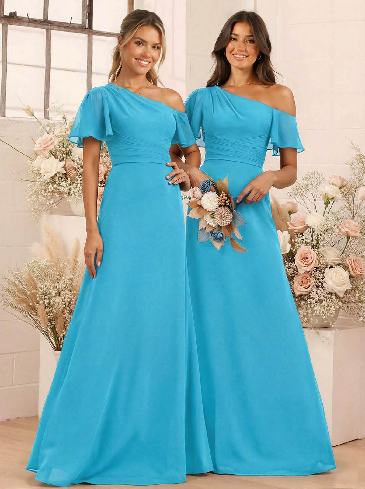A-Line One-Shoulder Short Sleeves Floor-Length Chiffon Bridesmaid Dresses, product image 15