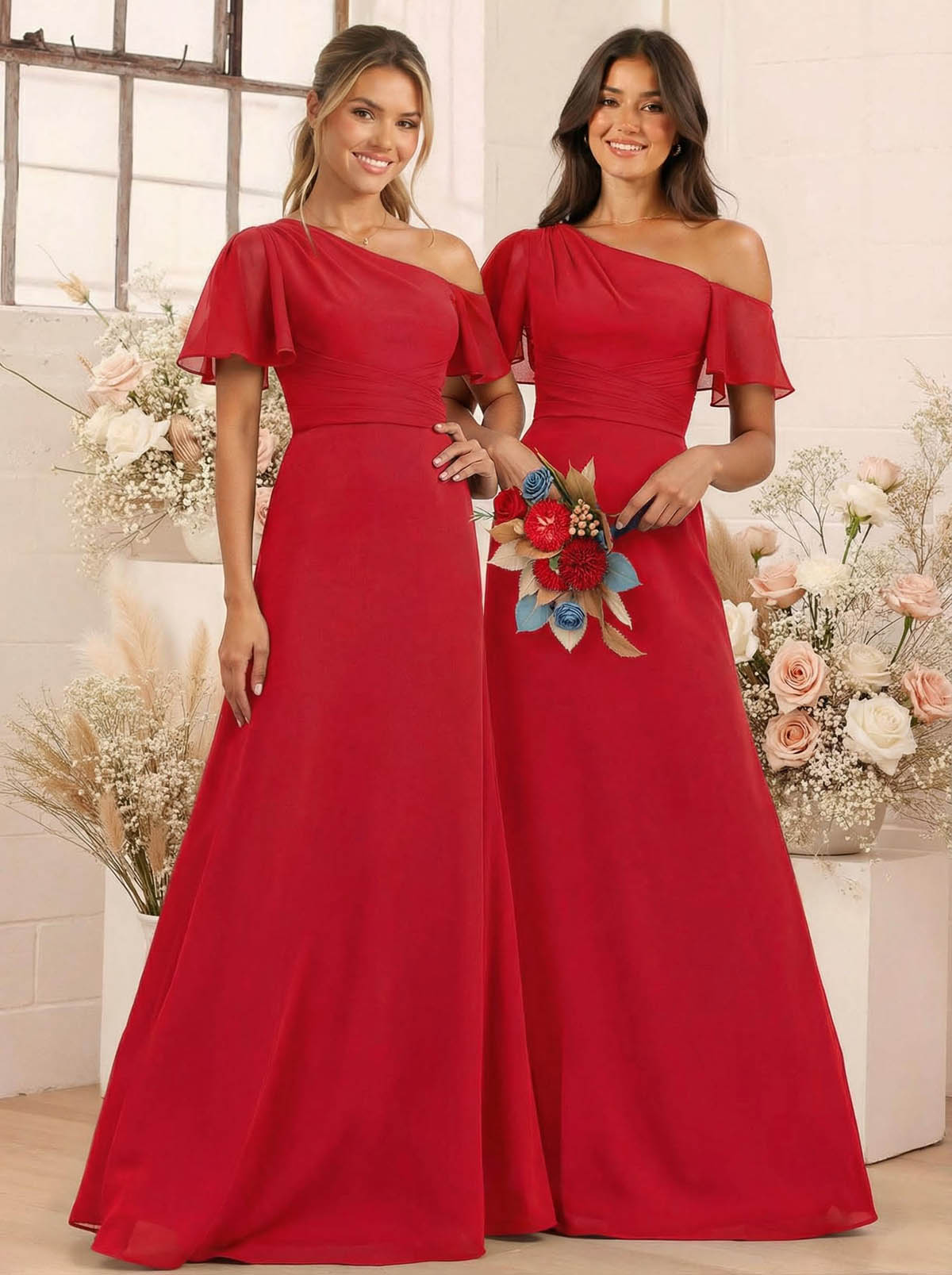 A-Line One-Shoulder Short Sleeves Floor-Length Chiffon Bridesmaid Dresses, product image 24