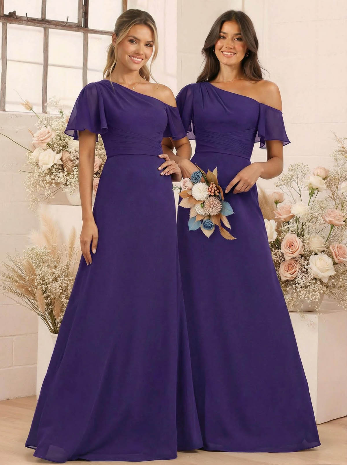 A-Line One-Shoulder Short Sleeves Floor-Length Chiffon Bridesmaid Dresses, product image 49