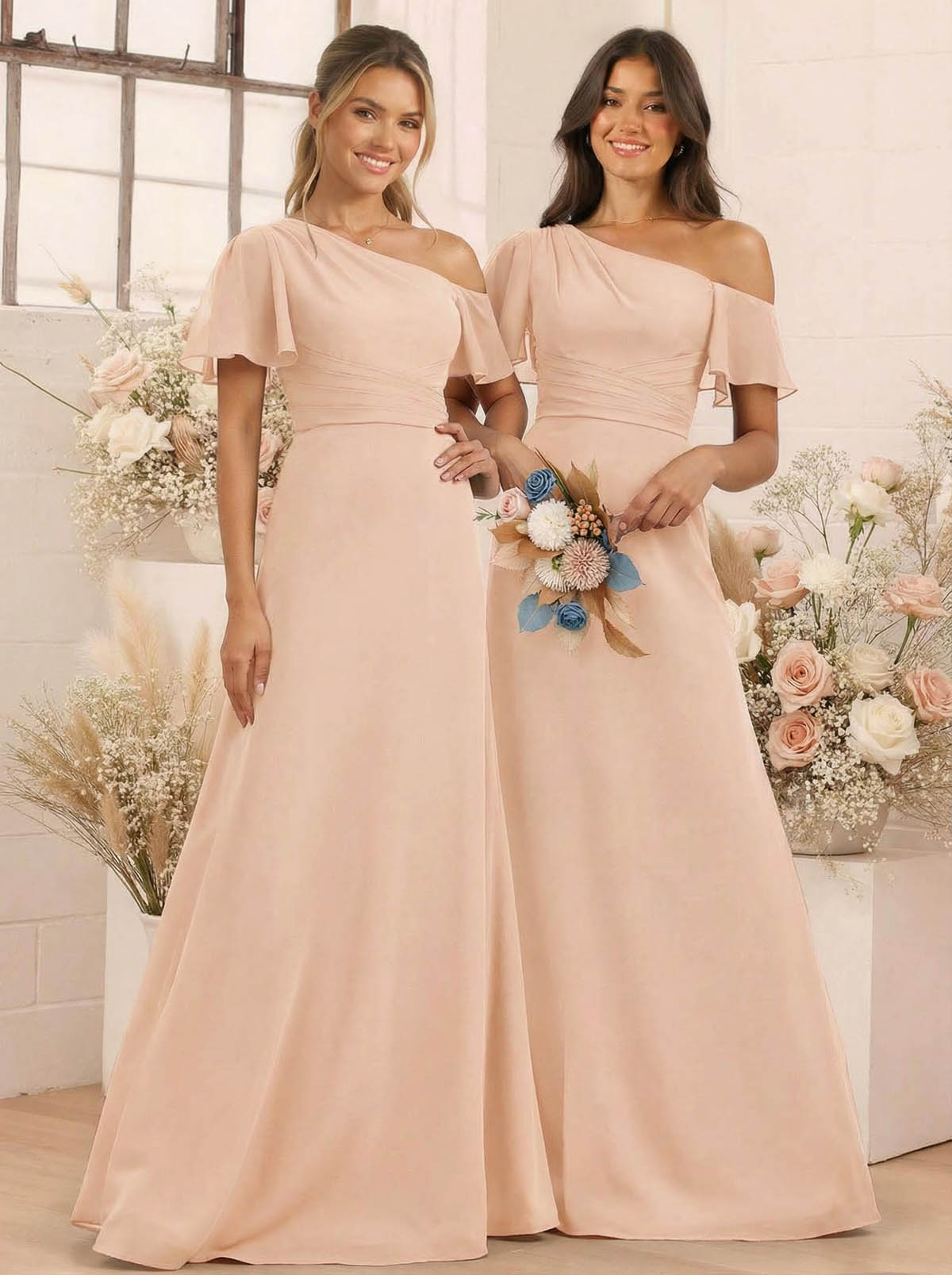 A-Line One-Shoulder Short Sleeves Floor-Length Chiffon Bridesmaid Dresses, product image 82