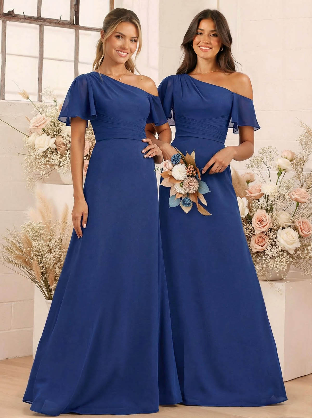 A-Line One-Shoulder Short Sleeves Floor-Length Chiffon Bridesmaid Dresses, product image 11