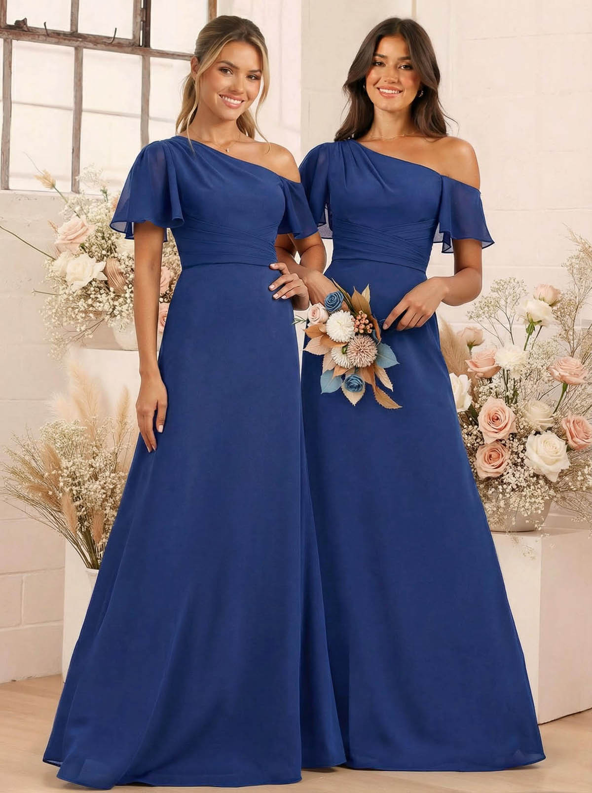 A-Line One-Shoulder Short Sleeves Floor-Length Chiffon Bridesmaid Dresses, product image 11