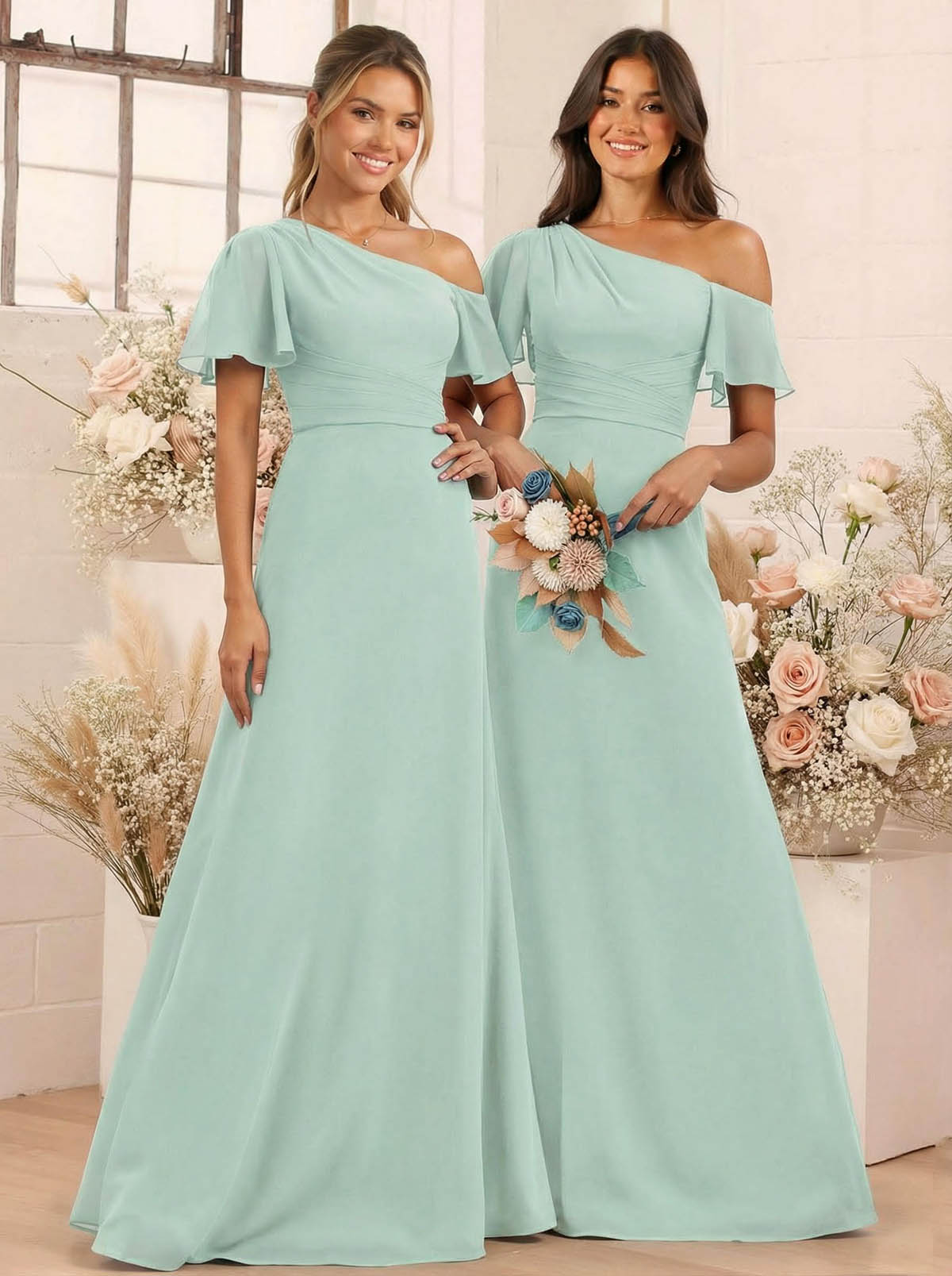A-Line One-Shoulder Short Sleeves Floor-Length Chiffon Bridesmaid Dresses, product image 56