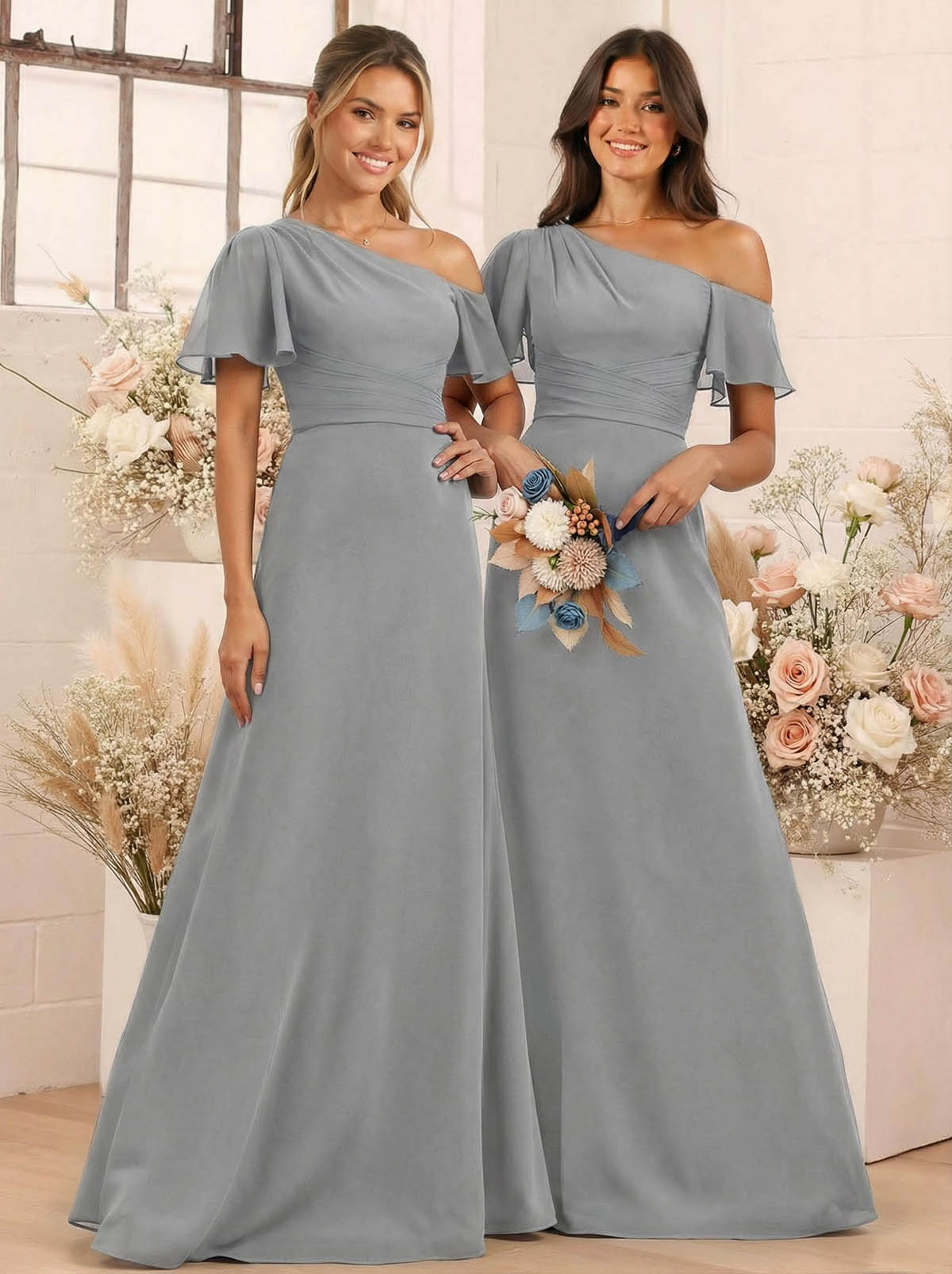A-Line One-Shoulder Short Sleeves Floor-Length Chiffon Bridesmaid Dresses, product image 73