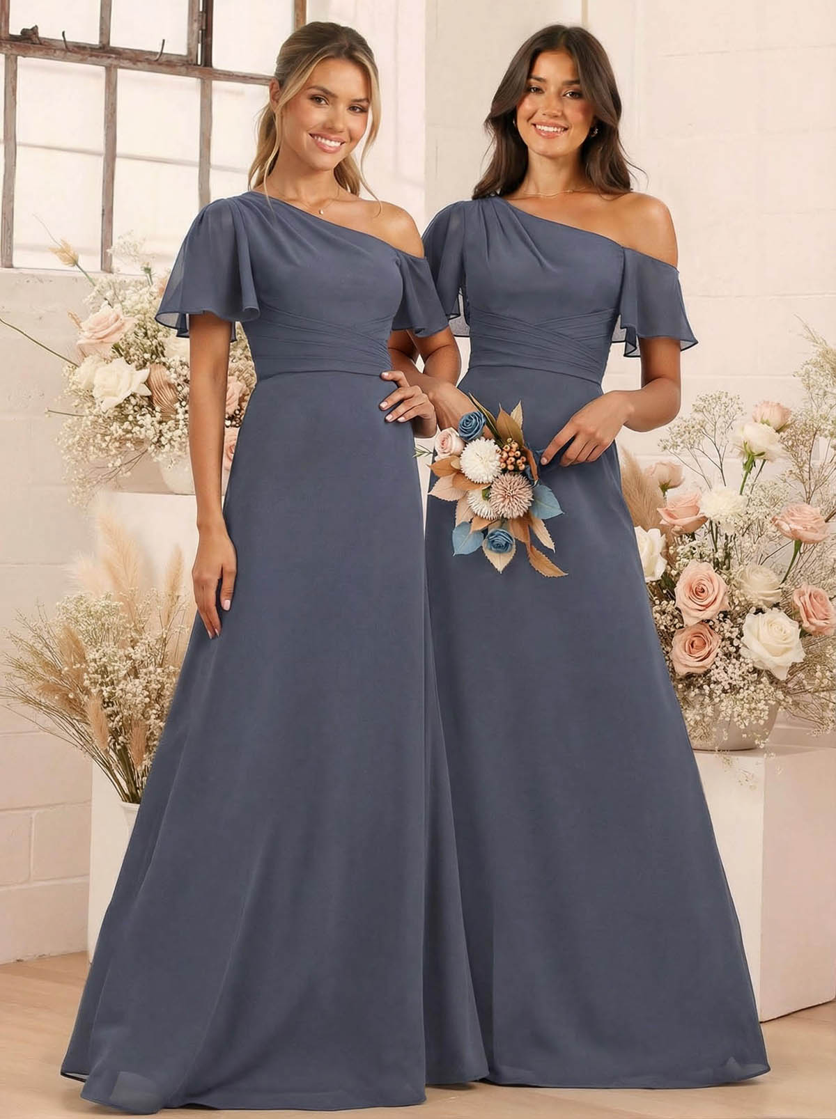 A-Line One-Shoulder Short Sleeves Floor-Length Chiffon Bridesmaid Dresses, product image 8