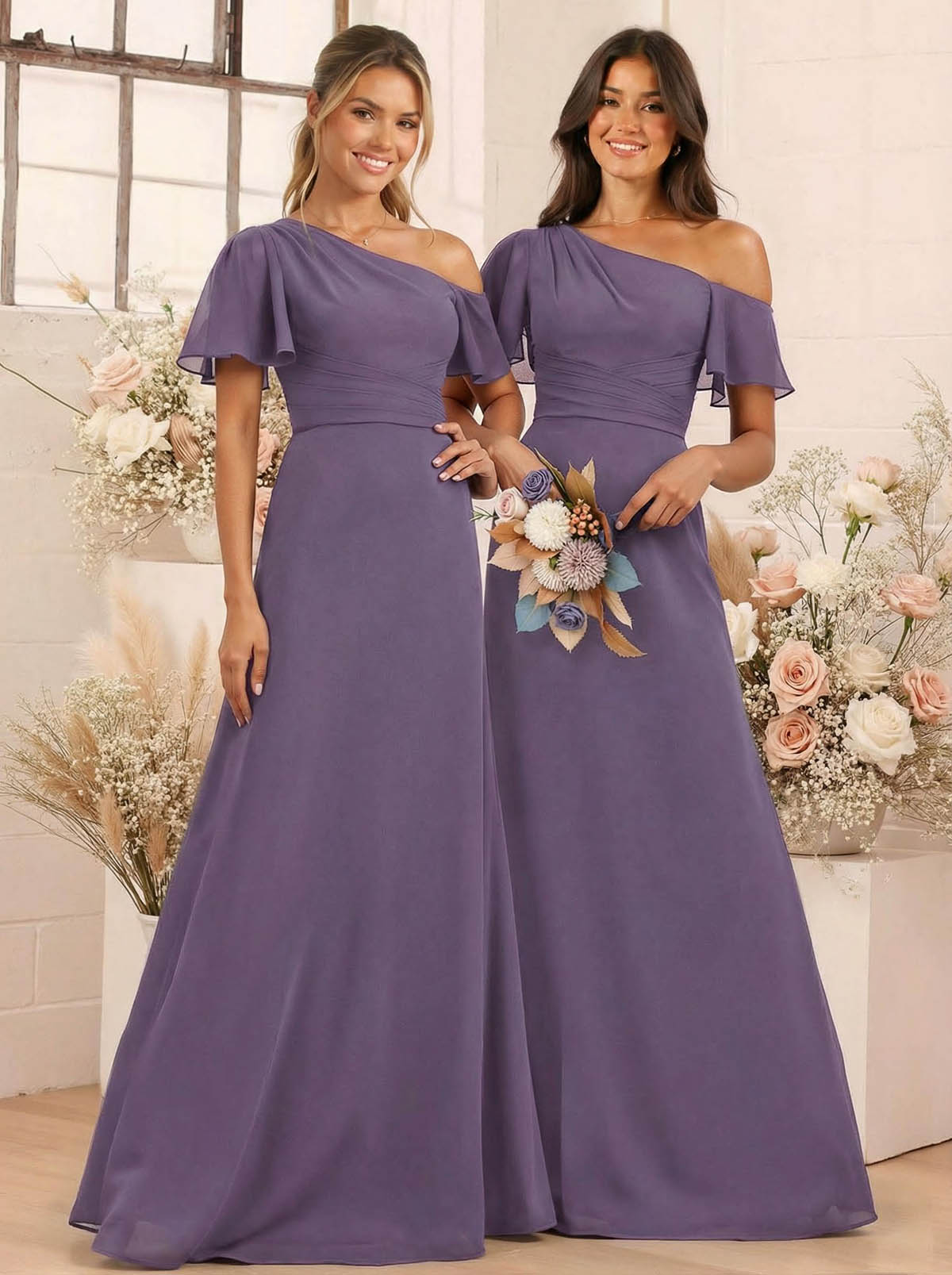 A-Line One-Shoulder Short Sleeves Floor-Length Chiffon Bridesmaid Dresses, product image 43