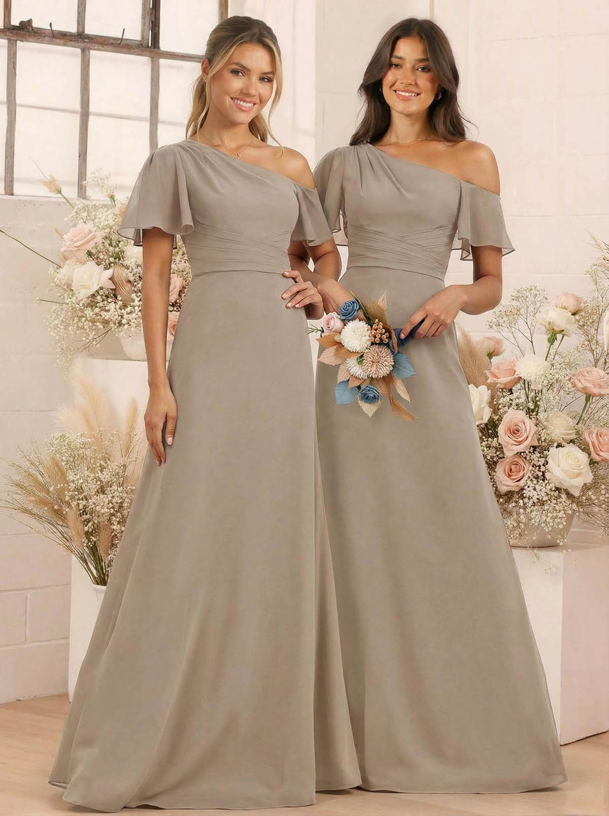 A-Line One-Shoulder Short Sleeves Floor-Length Chiffon Bridesmaid Dresses, product image 61