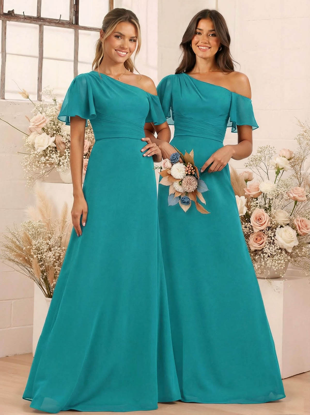 A-Line One-Shoulder Short Sleeves Floor-Length Chiffon Bridesmaid Dresses, product image 90
