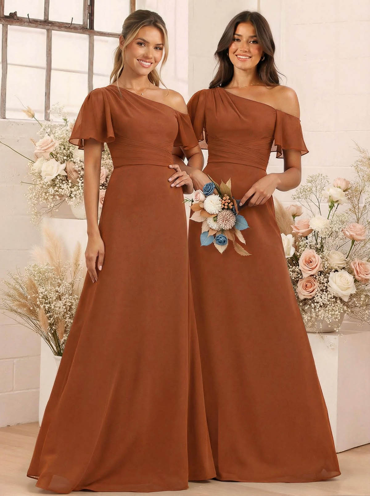 A-Line One-Shoulder Short Sleeves Floor-Length Chiffon Bridesmaid Dresses, product image 88