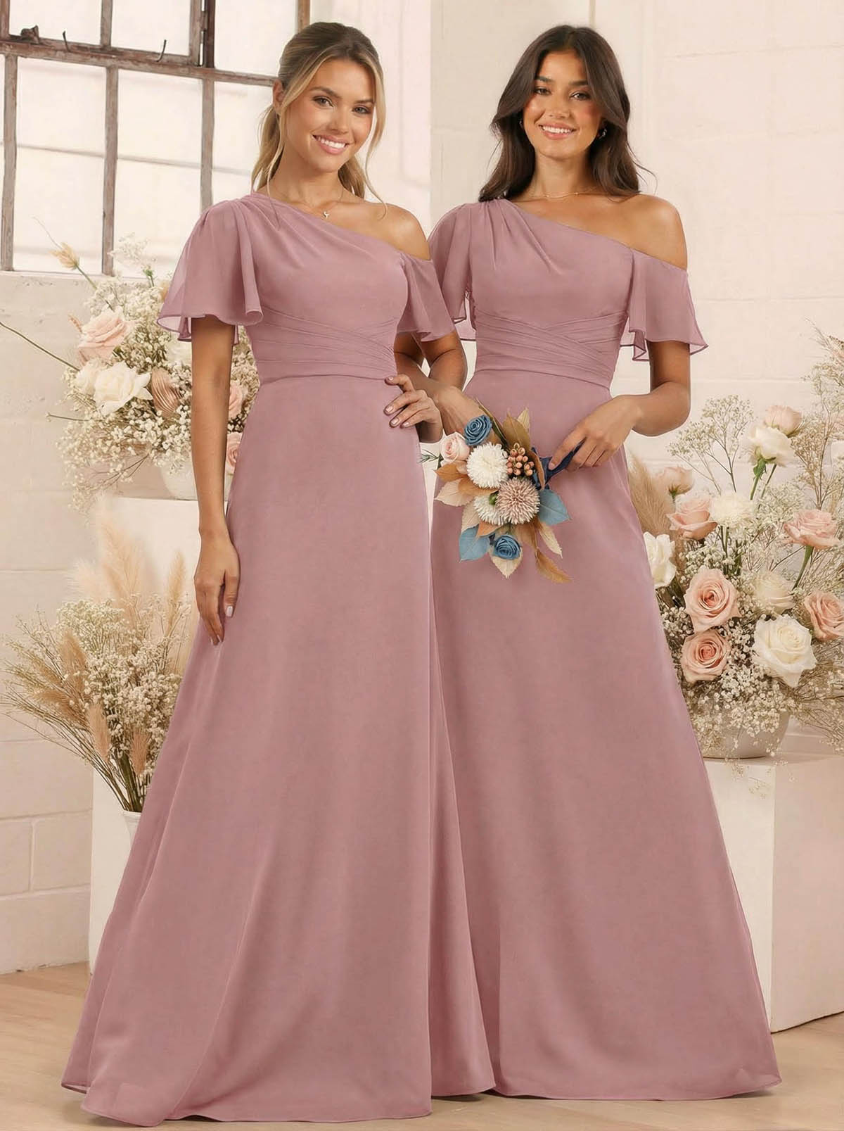 A-Line One-Shoulder Short Sleeves Floor-Length Chiffon Bridesmaid Dresses, product image 37