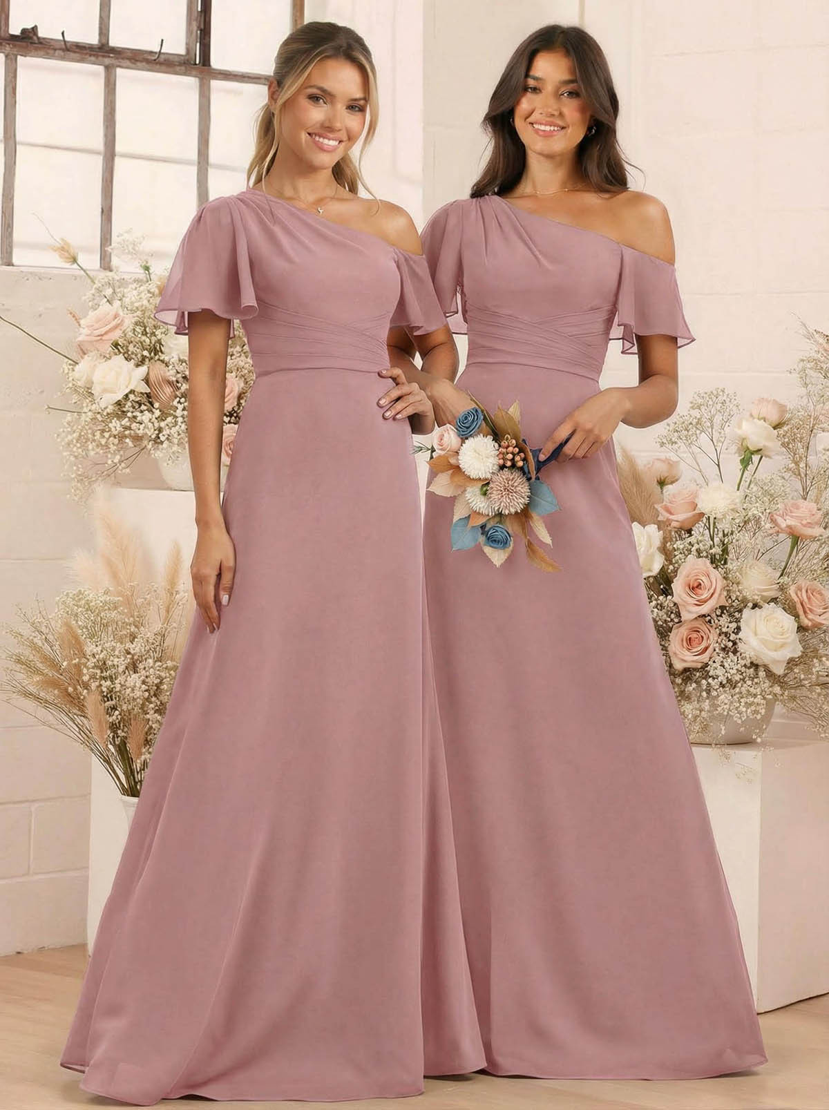 A-Line One-Shoulder Short Sleeves Floor-Length Chiffon Bridesmaid Dresses, product image 37