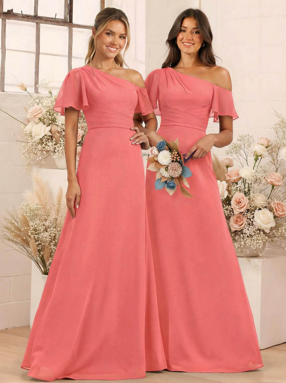 A-Line One-Shoulder Short Sleeves Floor-Length Chiffon Bridesmaid Dresses, product image 26