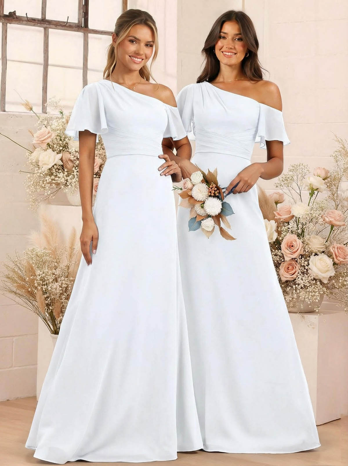 A-Line One-Shoulder Short Sleeves Floor-Length Chiffon Bridesmaid Dresses, product image 72