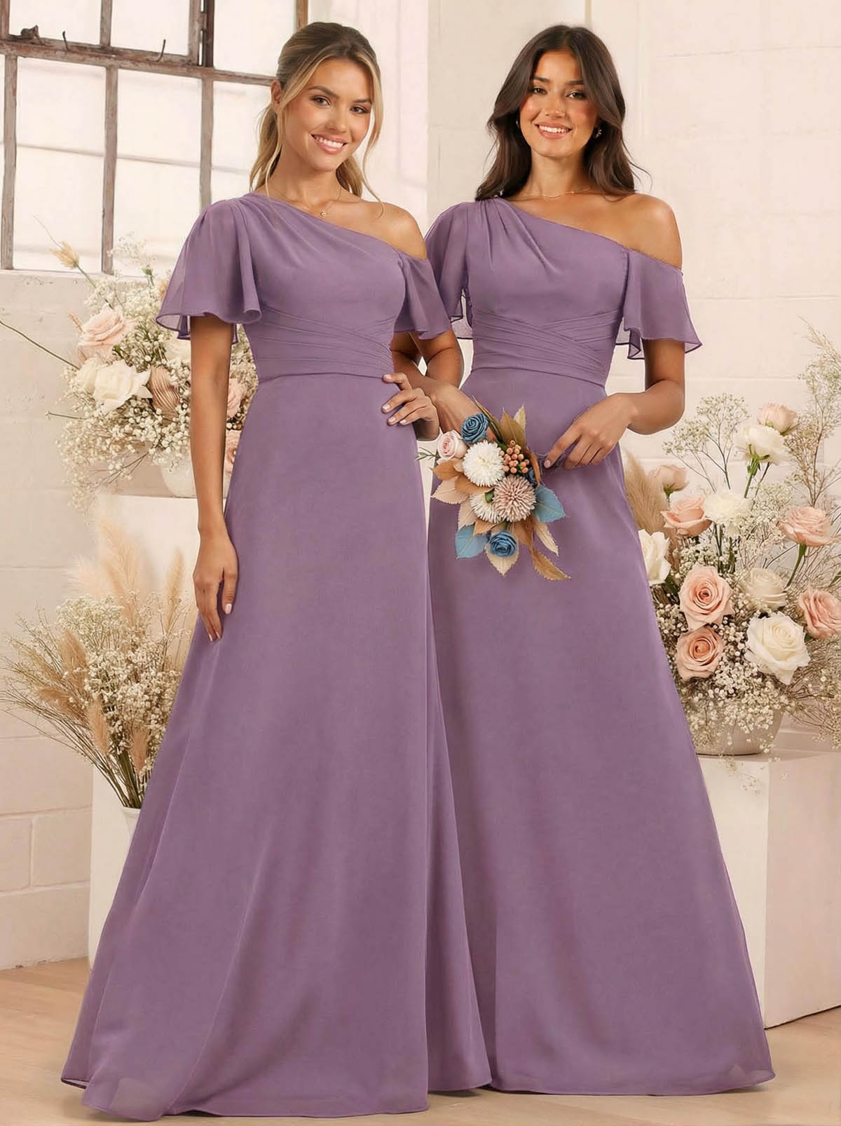 A-Line One-Shoulder Short Sleeves Floor-Length Chiffon Bridesmaid Dresses, product image 36