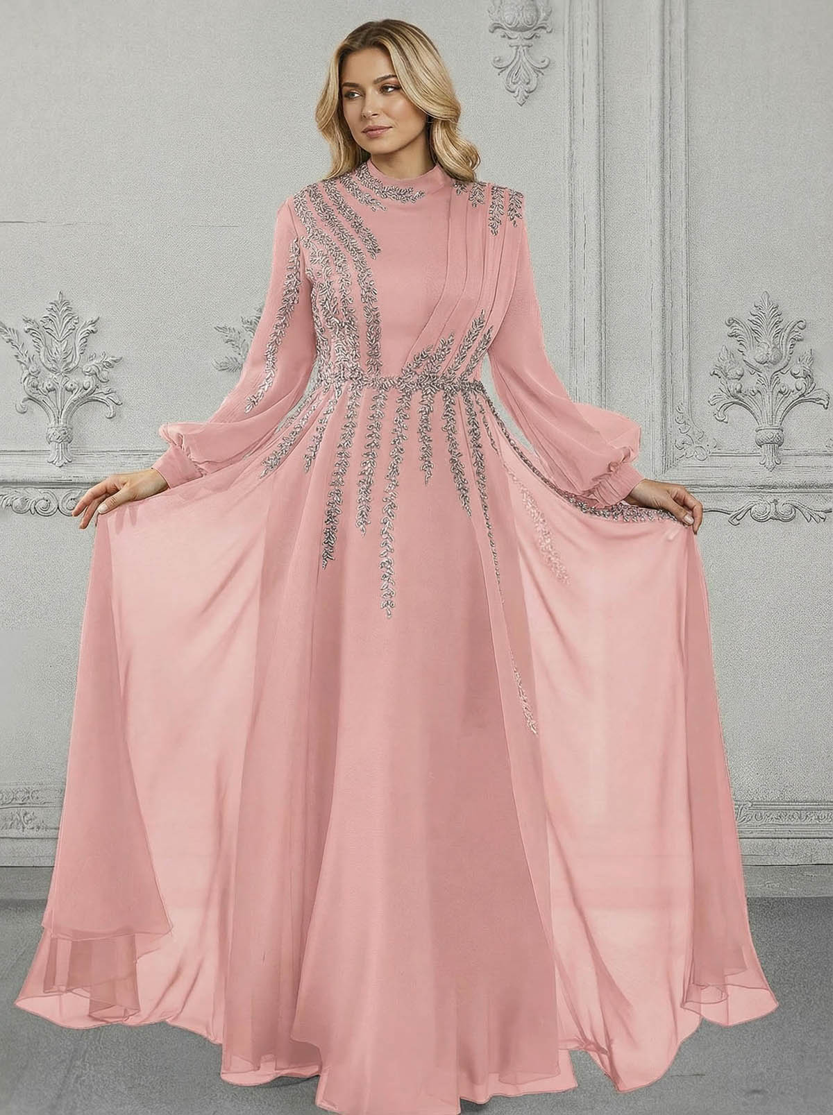 Elegant A-Line High Neck Long Sleeves Chiffon Mother Of The Bride Dresses With Sequins