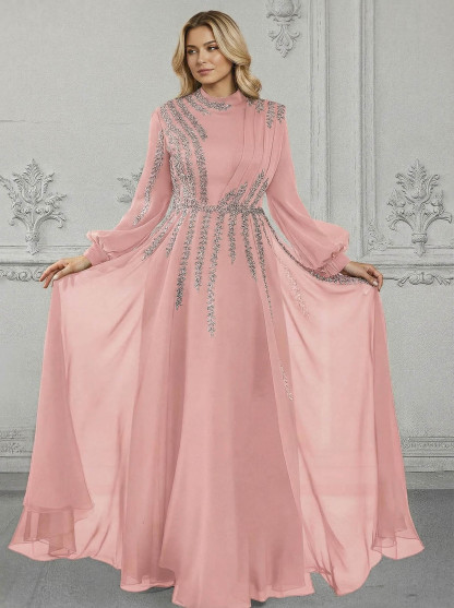 Elegant A-Line High Neck Long Sleeves Chiffon Mother Of The Bride Dresses With Sequins