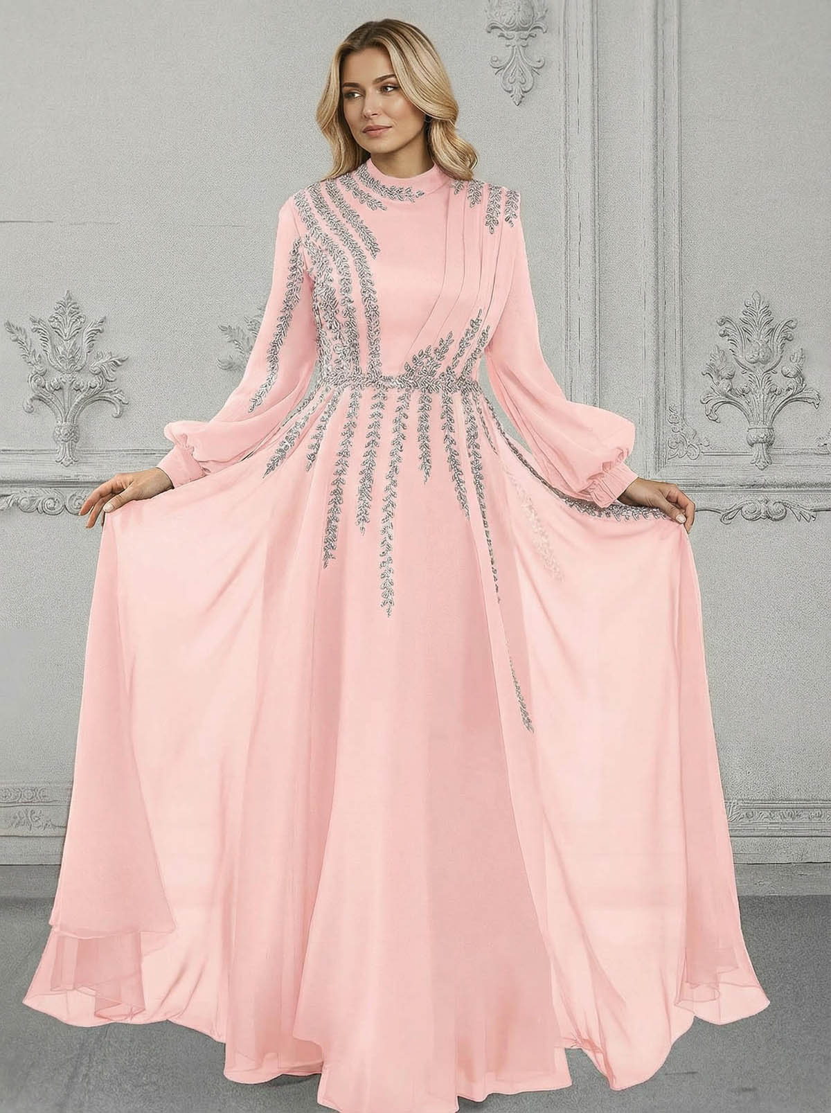 Elegant A-Line High Neck Long Sleeves Chiffon Mother Of The Bride Dresses With Sequins