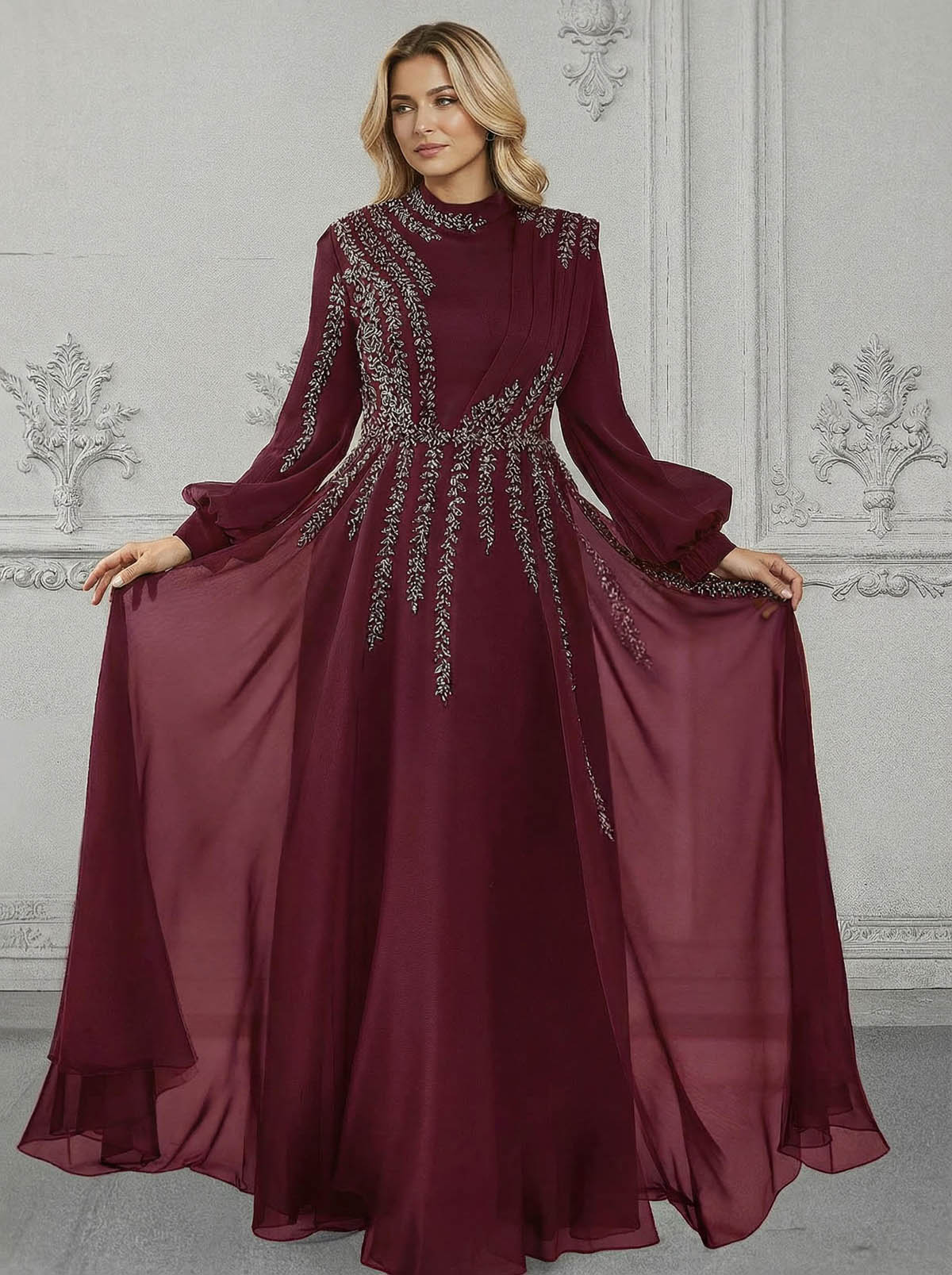 Elegant A-Line High Neck Long Sleeves Chiffon Mother Of The Bride Dresses With Sequins