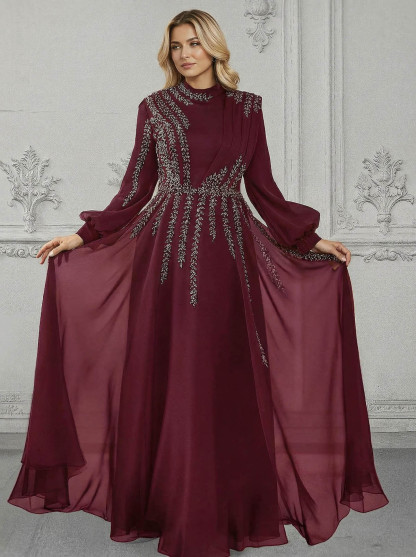 Elegant A-Line High Neck Long Sleeves Chiffon Mother Of The Bride Dresses With Sequins