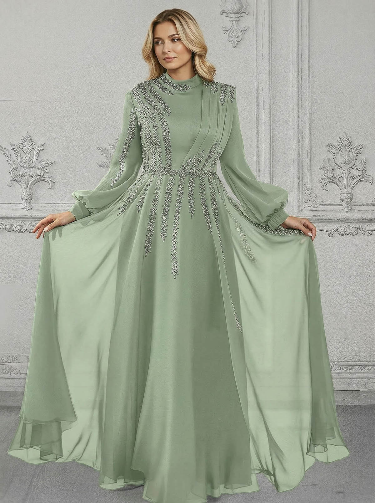 Elegant A-Line High Neck Long Sleeves Chiffon Mother Of The Bride Dresses With Sequins