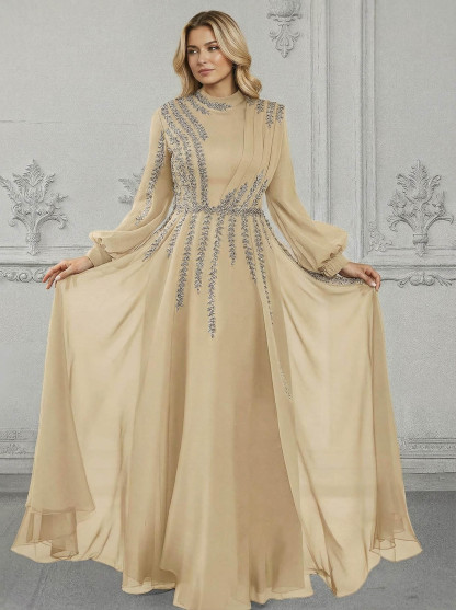 Elegant A-Line High Neck Long Sleeves Chiffon Mother Of The Bride Dresses With Sequins
