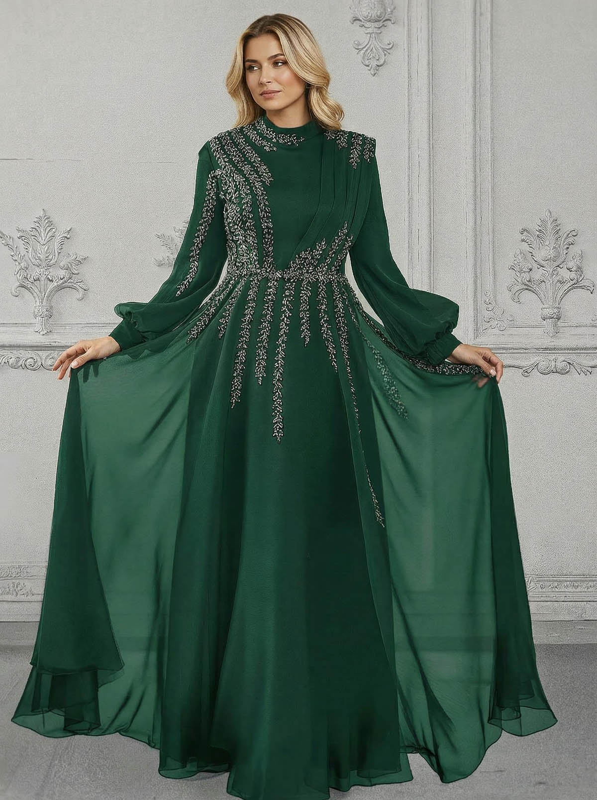Elegant A-Line High Neck Long Sleeves Chiffon Mother Of The Bride Dresses With Sequins