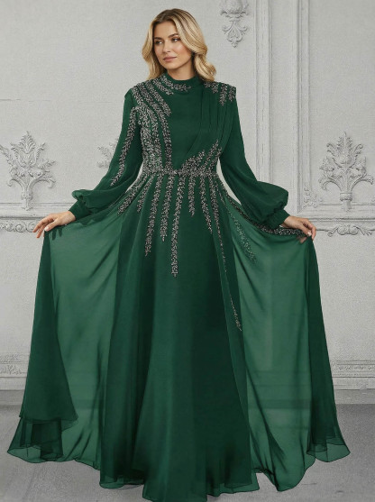 Elegant A-Line High Neck Long Sleeves Chiffon Mother Of The Bride Dresses With Sequins