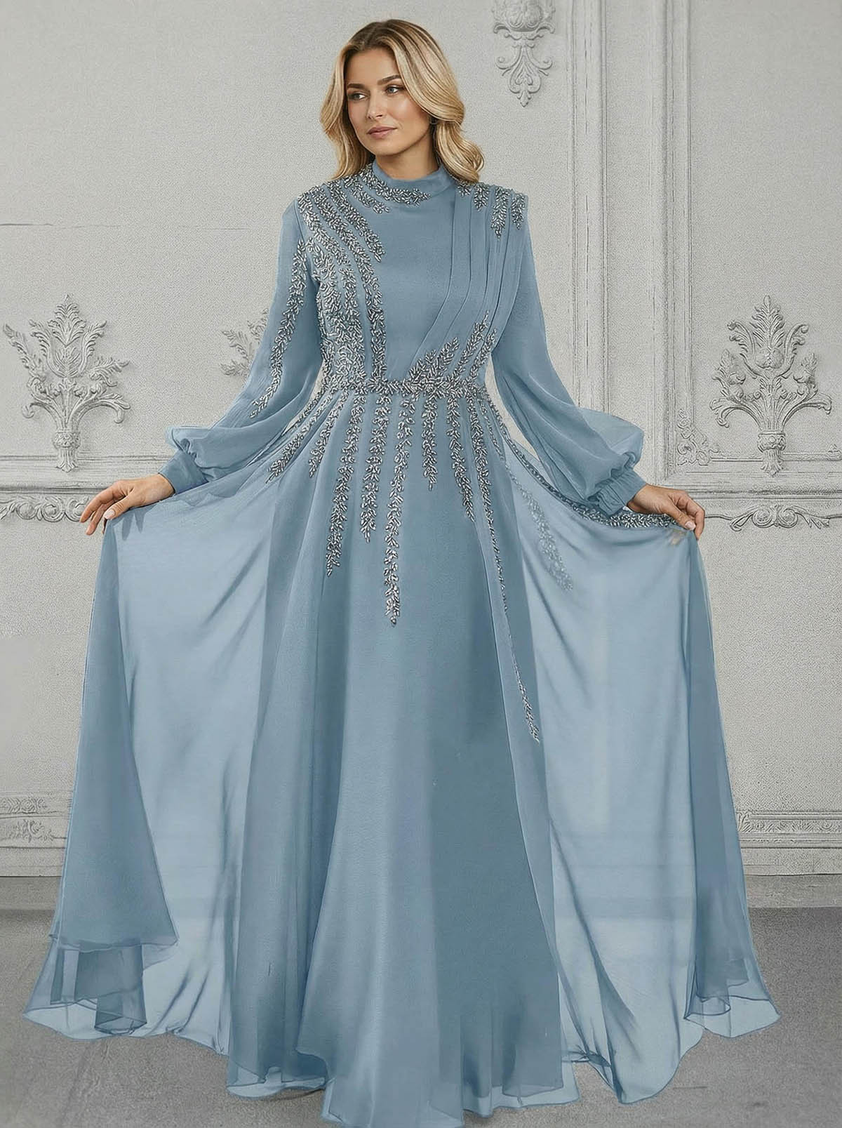 Elegant A-Line High Neck Long Sleeves Chiffon Mother Of The Bride Dresses With Sequins