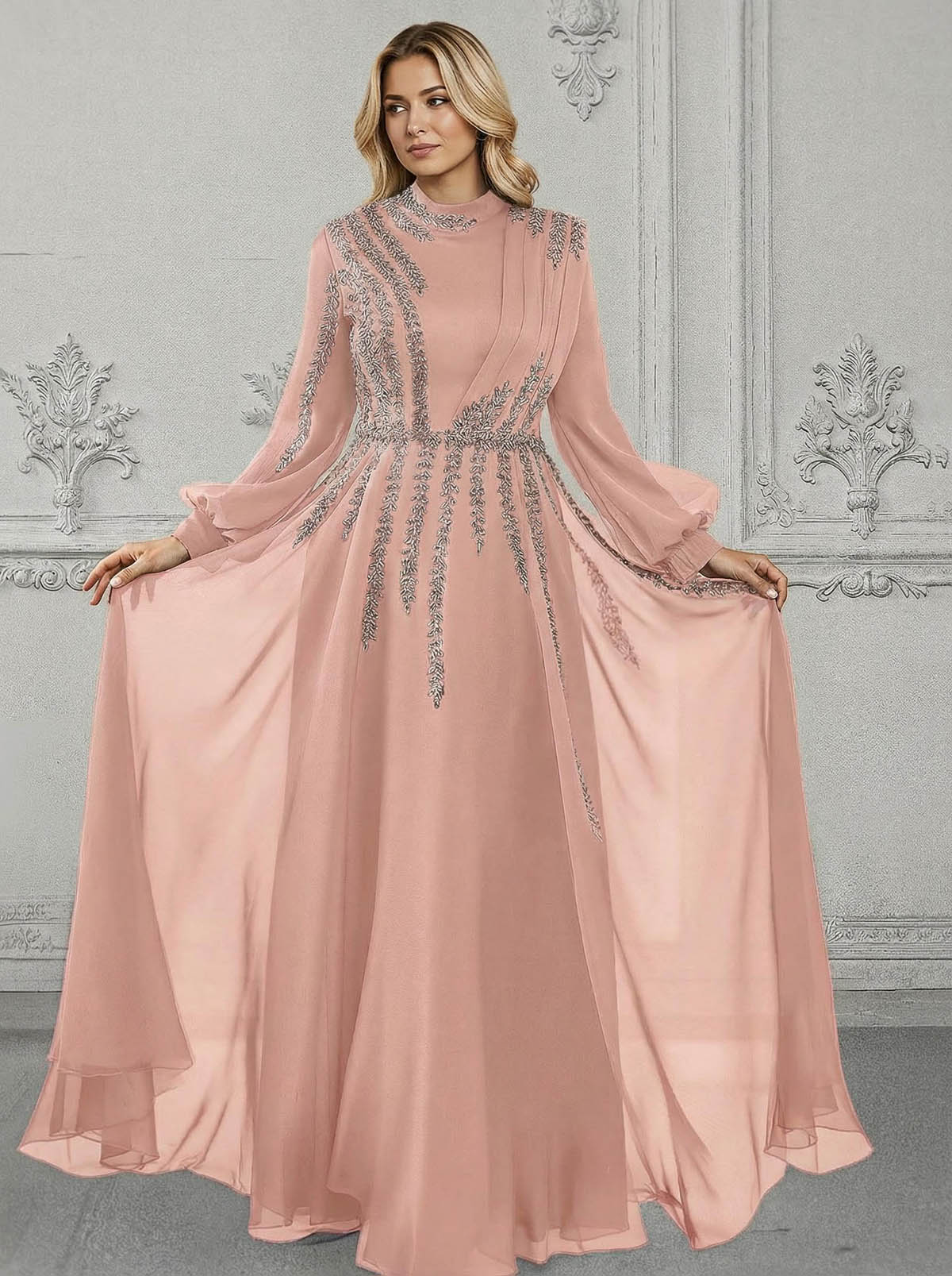 Elegant A-Line High Neck Long Sleeves Chiffon Mother Of The Bride Dresses With Sequins