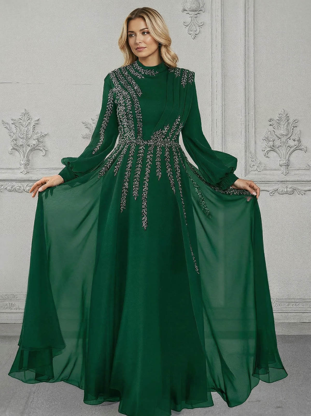 Elegant A-Line High Neck Long Sleeves Chiffon Mother Of The Bride Dresses With Sequins